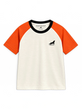 Kiddy Kloset kids cream raglan T-shirt with burnt orange sleeves, front view