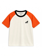 Kiddy Kloset kids cream raglan T-shirt with burnt orange sleeves, front view