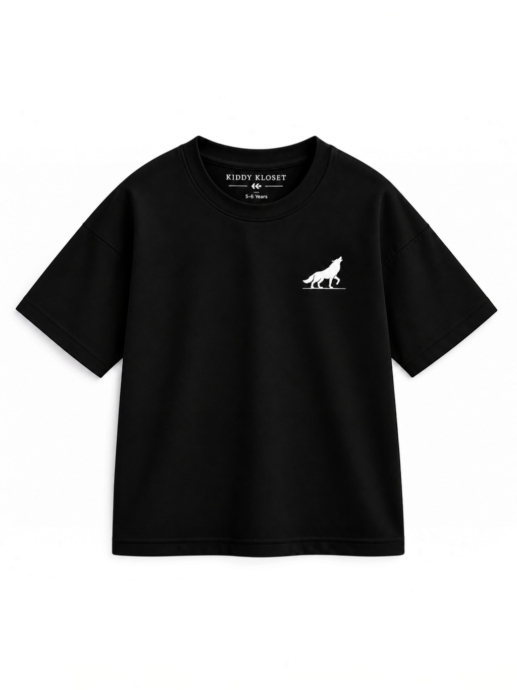 Kiddy Kloset kids black drop shoulder T-shirt front view with white wolf chest logo