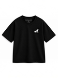Kiddy Kloset kids black drop shoulder T-shirt front view with white wolf chest logo