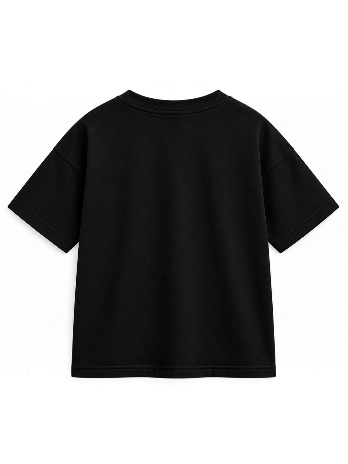Kiddy Kloset kids black drop shoulder T-shirt back view showing dropped shoulder seams