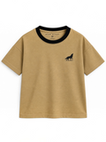 Kiddy Kloset kids camel brown drop shoulder T-shirt front view with black ribbed neck and black wolf logo