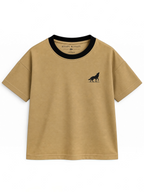 Kiddy Kloset kids camel brown drop shoulder T-shirt front view with black ribbed neck and black wolf logo