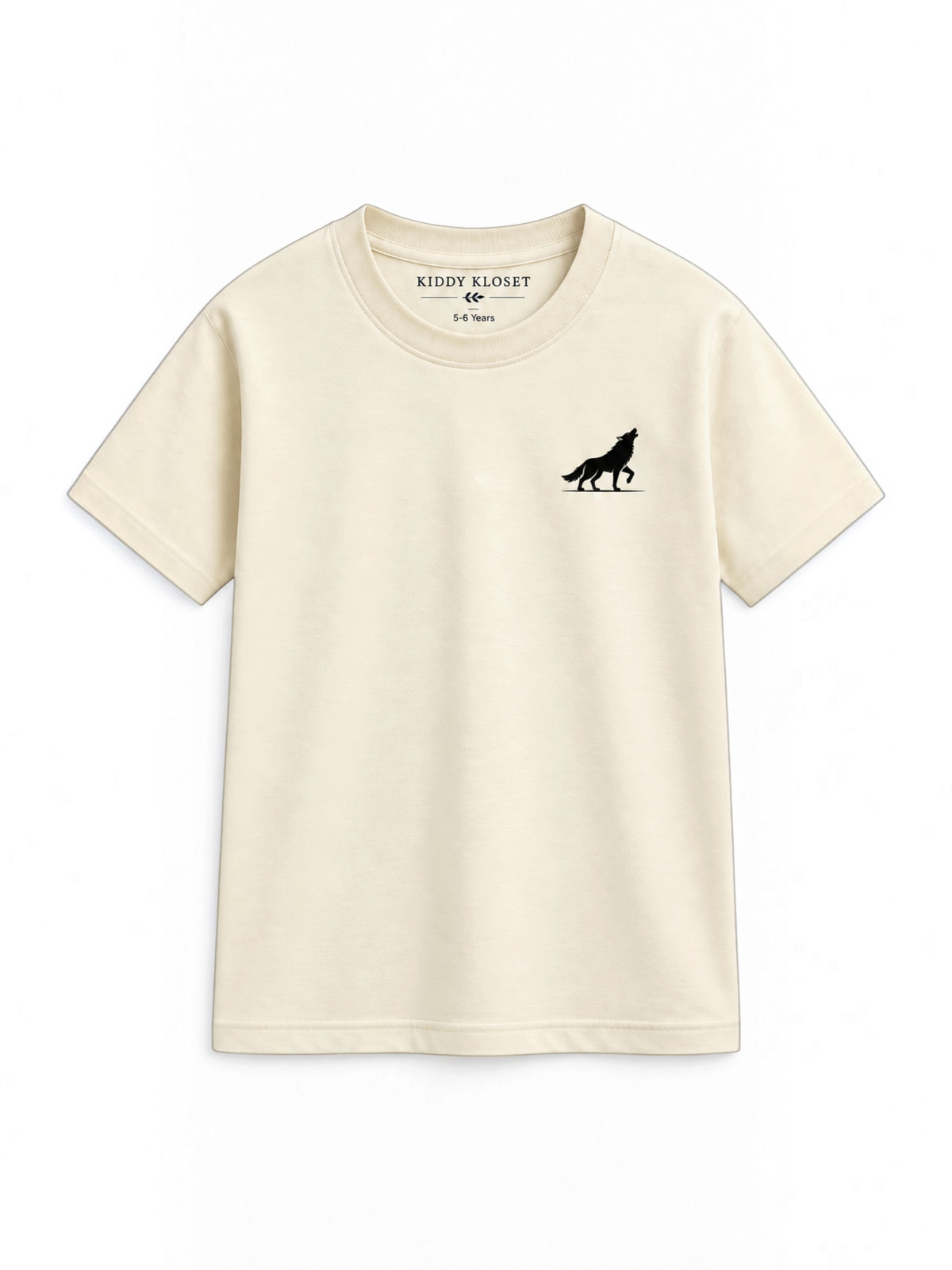 Kiddy Kloset kids cream drop shoulder T-shirt front view with black wolf chest logo
