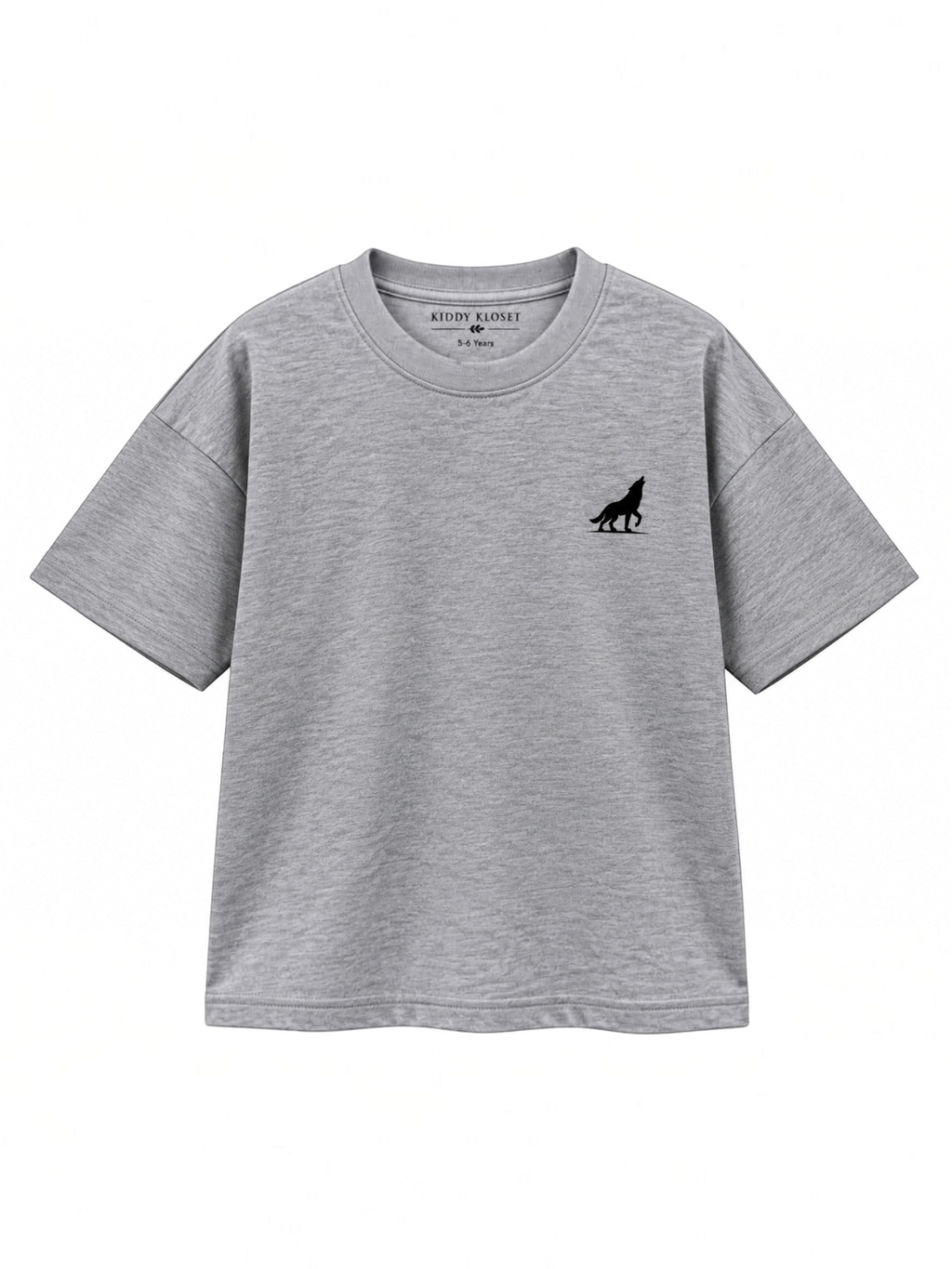 Kiddy Kloset kids grey marl drop shoulder T-shirt front view with black wolf chest logo