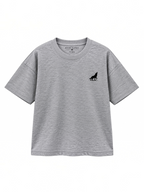 Kiddy Kloset kids grey marl drop shoulder T-shirt front view with black wolf chest logo