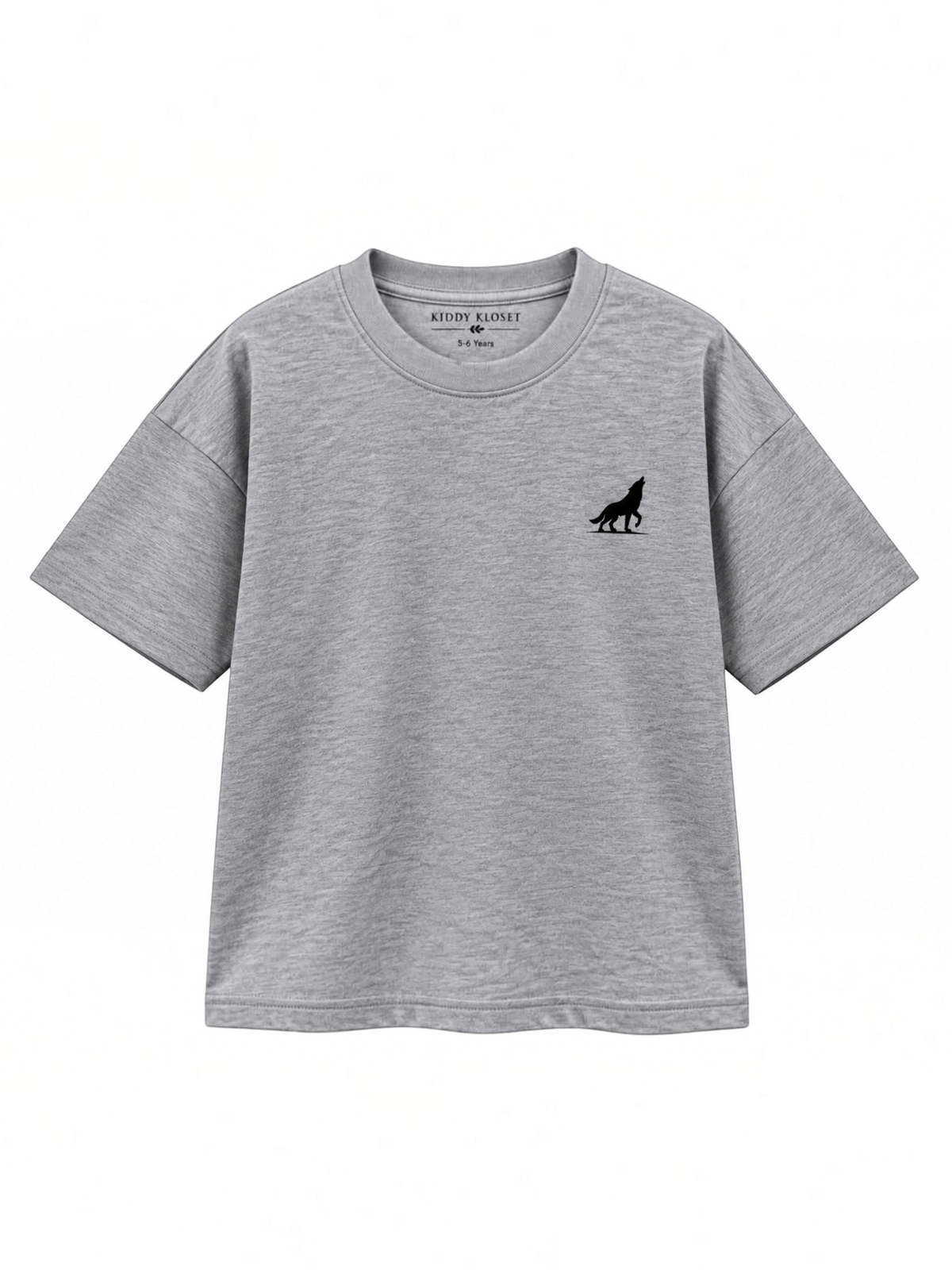 Kiddy Kloset kids grey marl drop shoulder T-shirt front view with black wolf chest logo