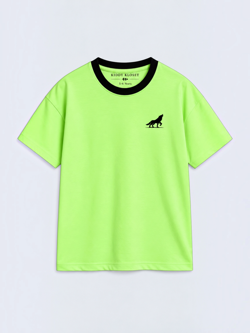 Kiddy Kloset kids lime green drop shoulder T-shirt front view with black ribbed neck and black wolf logo
