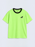 Kiddy Kloset kids lime green drop shoulder T-shirt front view with black ribbed neck and black wolf logo