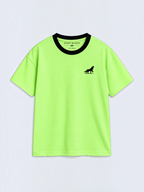 Kiddy Kloset kids lime green drop shoulder T-shirt front view with black ribbed neck and black wolf logo