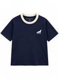 Kiddy Kloset kids navy drop shoulder T-shirt front view with contrast cream ribbed neck and white wolf logo