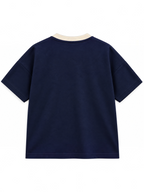 Kiddy Kloset kids navy drop shoulder T-shirt back view with contrast cream ribbed neck
