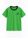 Kiddy Kloset kids parrot green drop shoulder T-shirt front view with black ribbed neck and black wolf logo