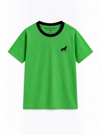 Kiddy Kloset kids parrot green drop shoulder T-shirt front view with black ribbed neck and black wolf logo
