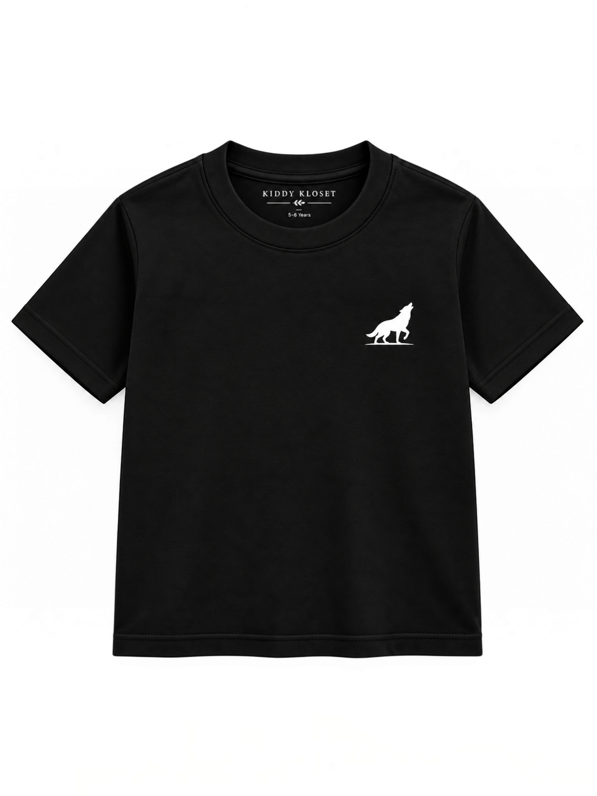 Kiddy Kloset kids black fitted T-shirt front view with white wolf chest logo