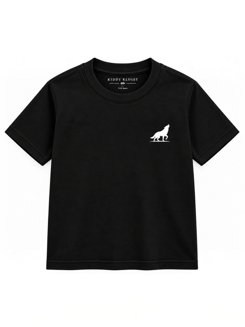 Kiddy Kloset kids black fitted T-shirt front view with white wolf chest logo