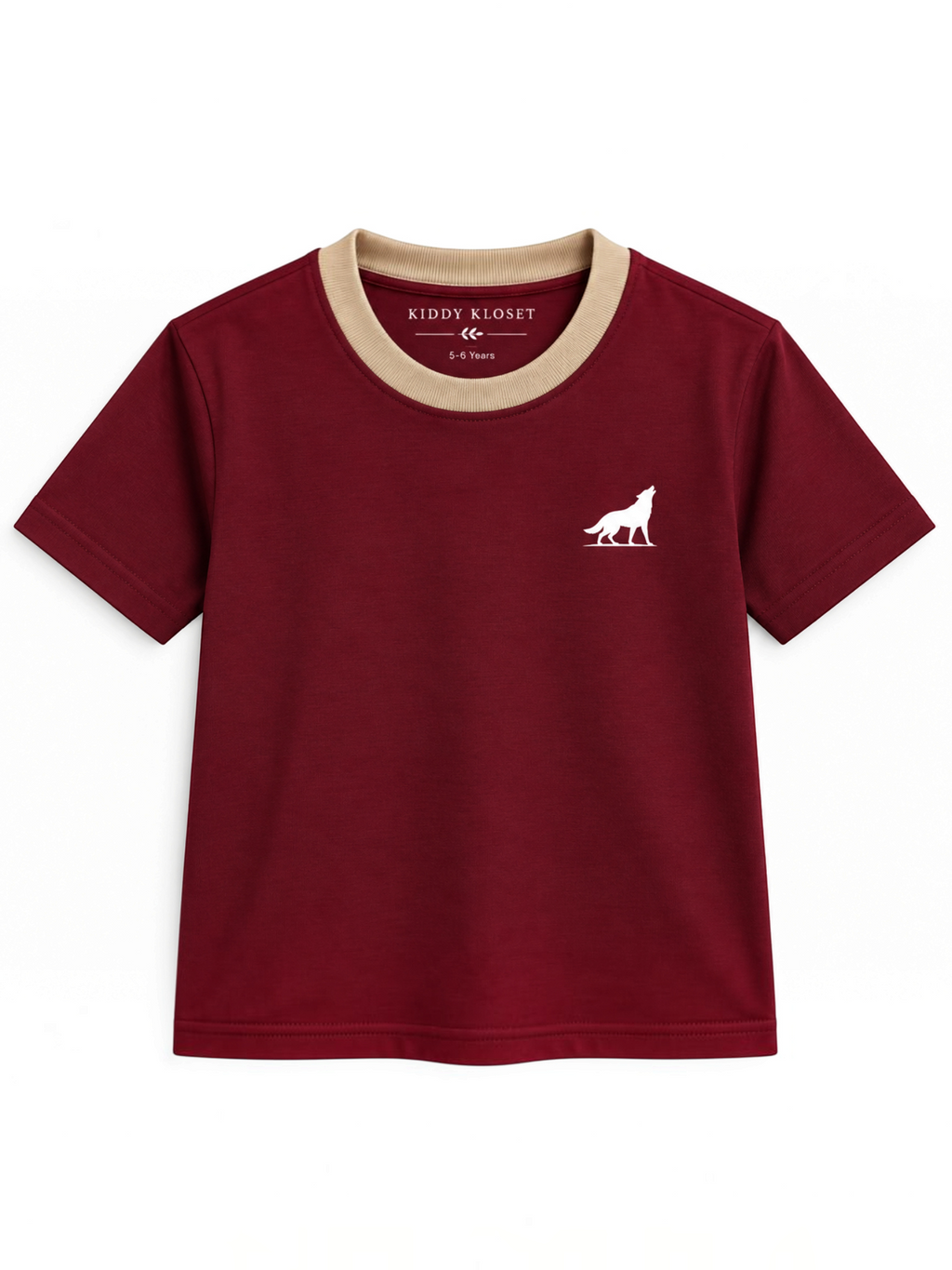 Kiddy Kloset kids burgundy fitted T-shirt front view with beige ribbed neck and white wolf logo