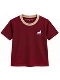 Kiddy Kloset kids burgundy fitted T-shirt front view with beige ribbed neck and white wolf logo