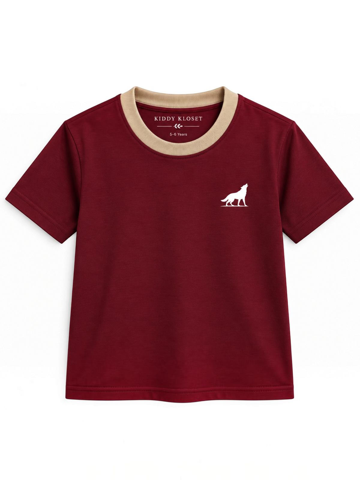 Kiddy Kloset kids burgundy fitted T-shirt front view with beige ribbed neck and white wolf logo