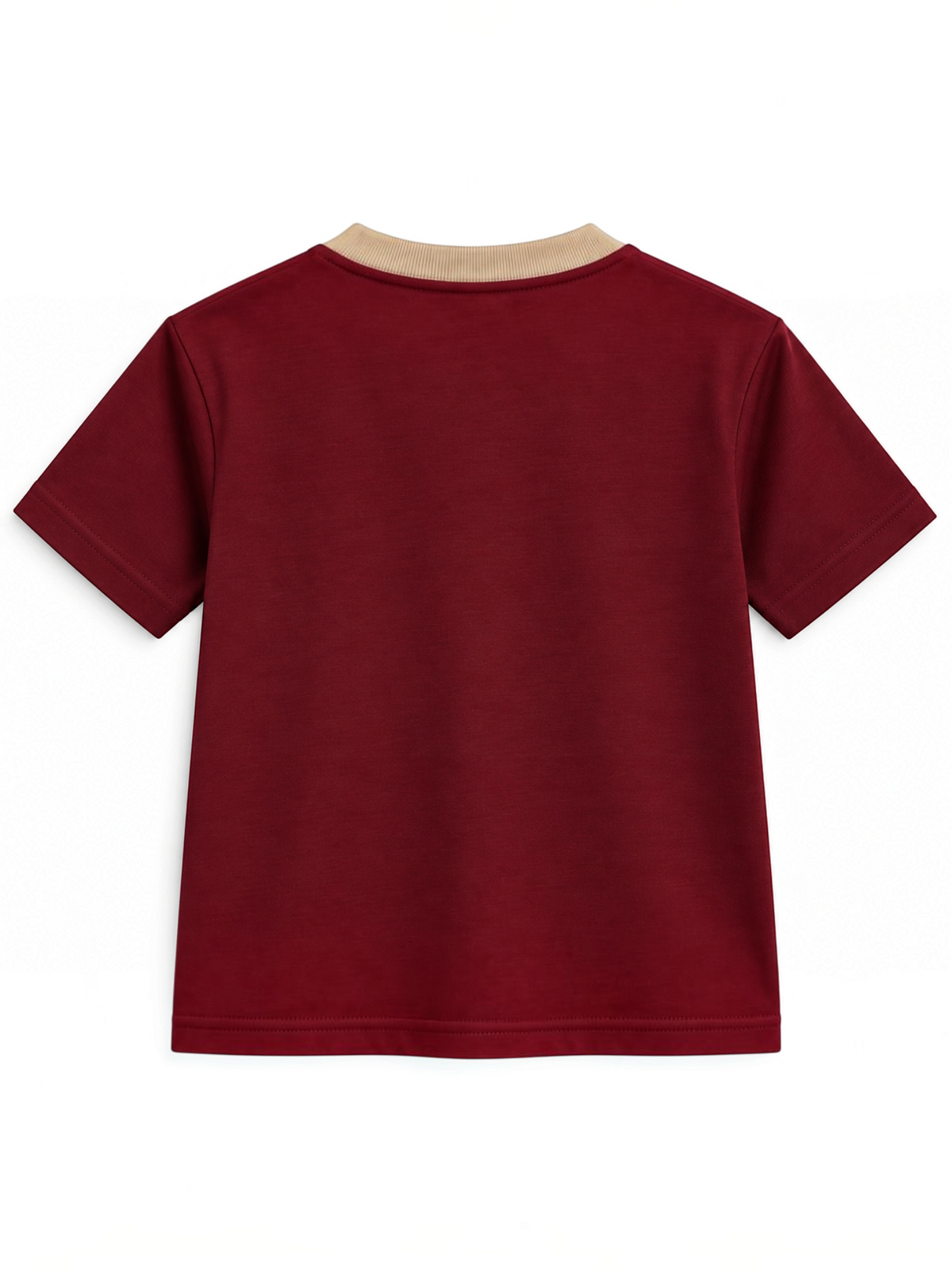 Kiddy Kloset kids burgundy fitted T-shirt back view with beige ribbed neck