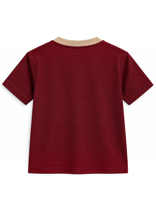 Kiddy Kloset kids burgundy fitted T-shirt back view with beige ribbed neck