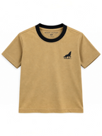 Kiddy Kloset kids camel fitted T-shirt front view with black ribbed neck and wolf logo