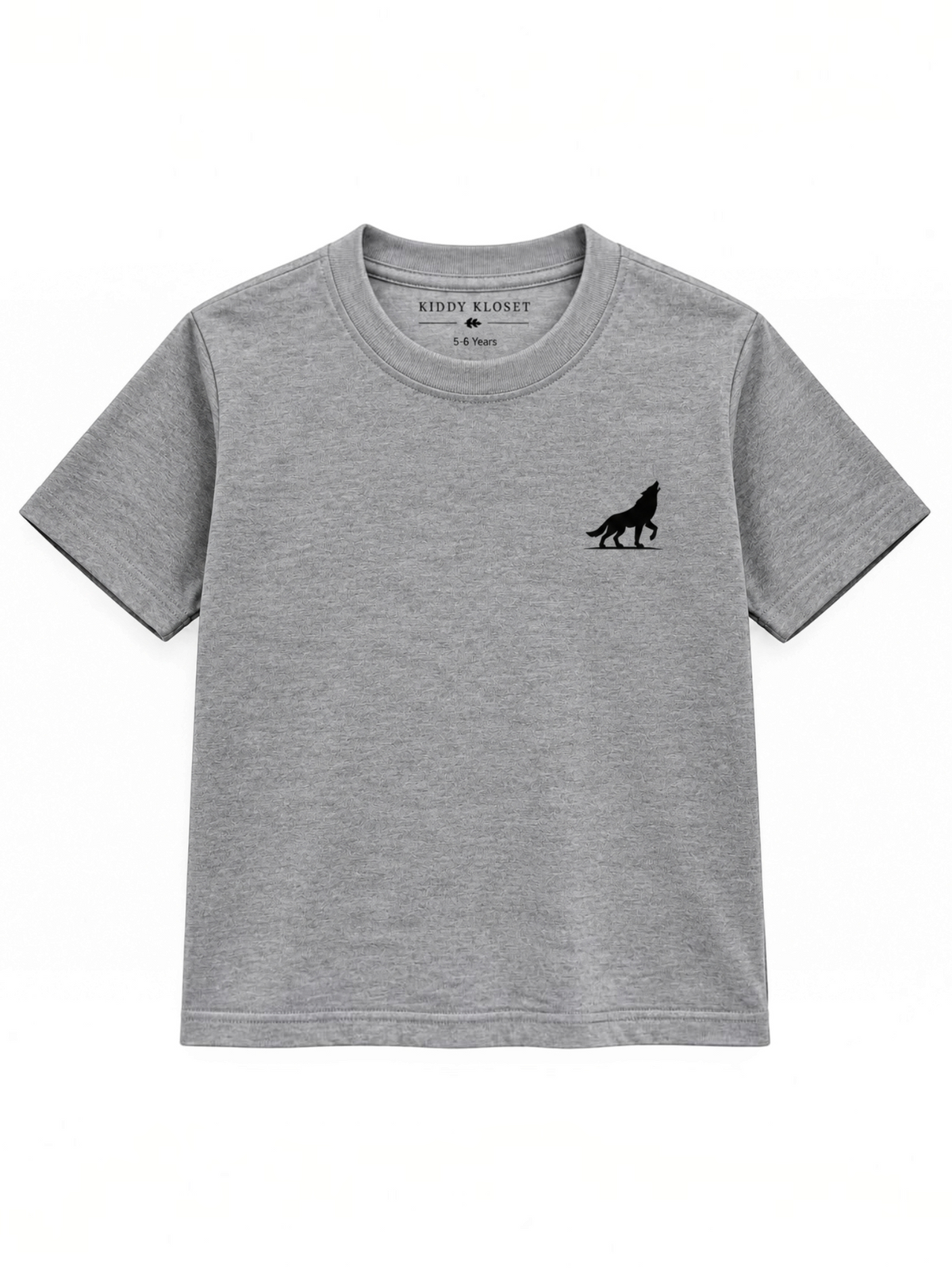 Kiddy Kloset kids grey marl fitted T-shirt front view with black wolf chest logo