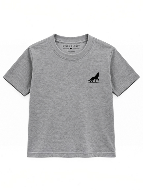 Kiddy Kloset kids grey marl fitted T-shirt front view with black wolf chest logo