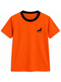 Kiddy Kloset kids orange fitted T-shirt front view with black ribbed neck and wolf logo