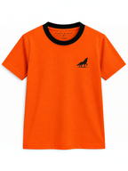Kiddy Kloset kids orange fitted T-shirt front view with black ribbed neck and wolf logo