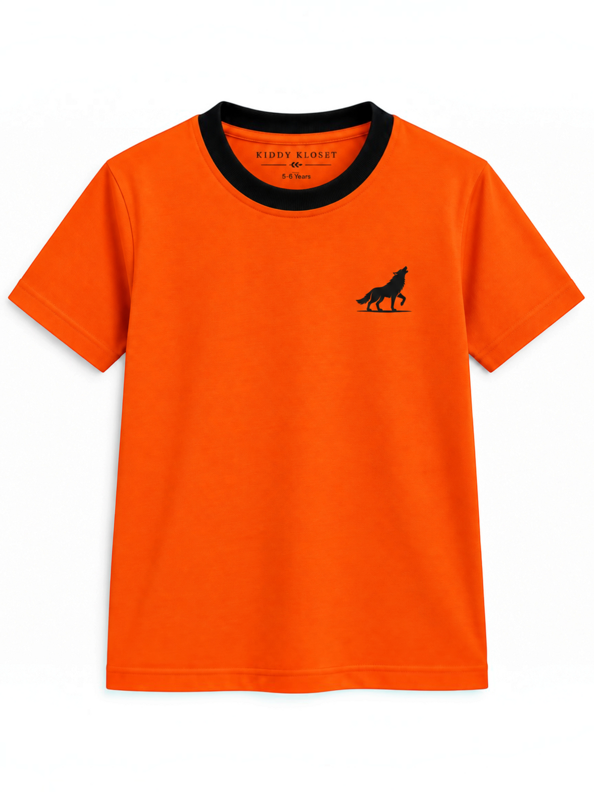 Kiddy Kloset kids orange fitted T-shirt front view with black ribbed neck and wolf logo