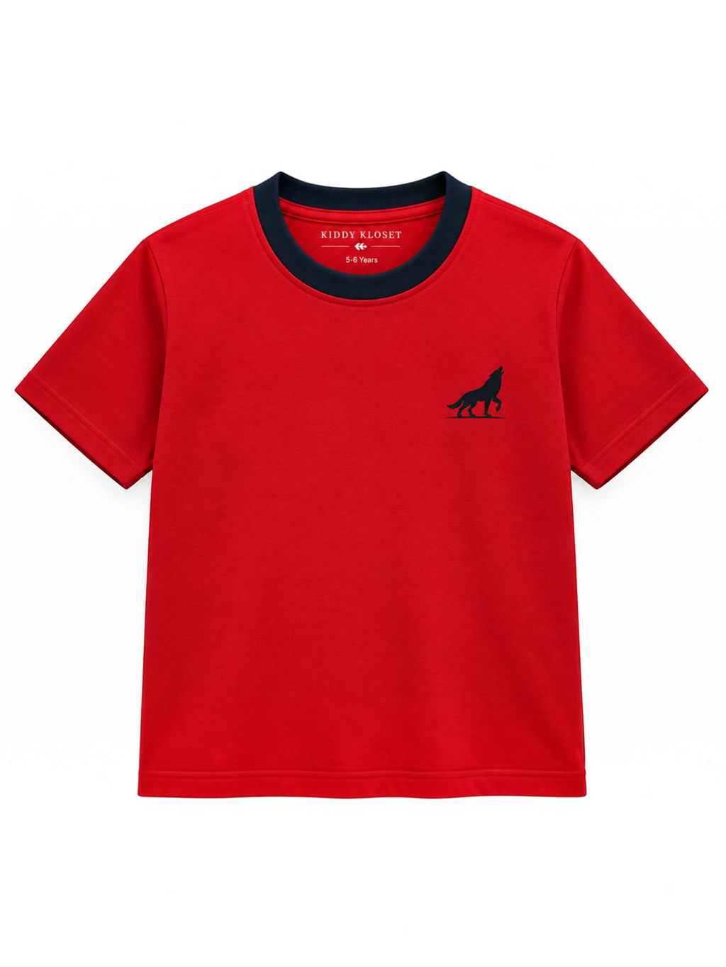 Kiddy Kloset kids red fitted T-shirt front view with navy ribbed neck and wolf logo