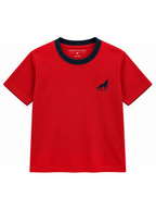 Kiddy Kloset kids red fitted T-shirt front view with navy ribbed neck and wolf logo