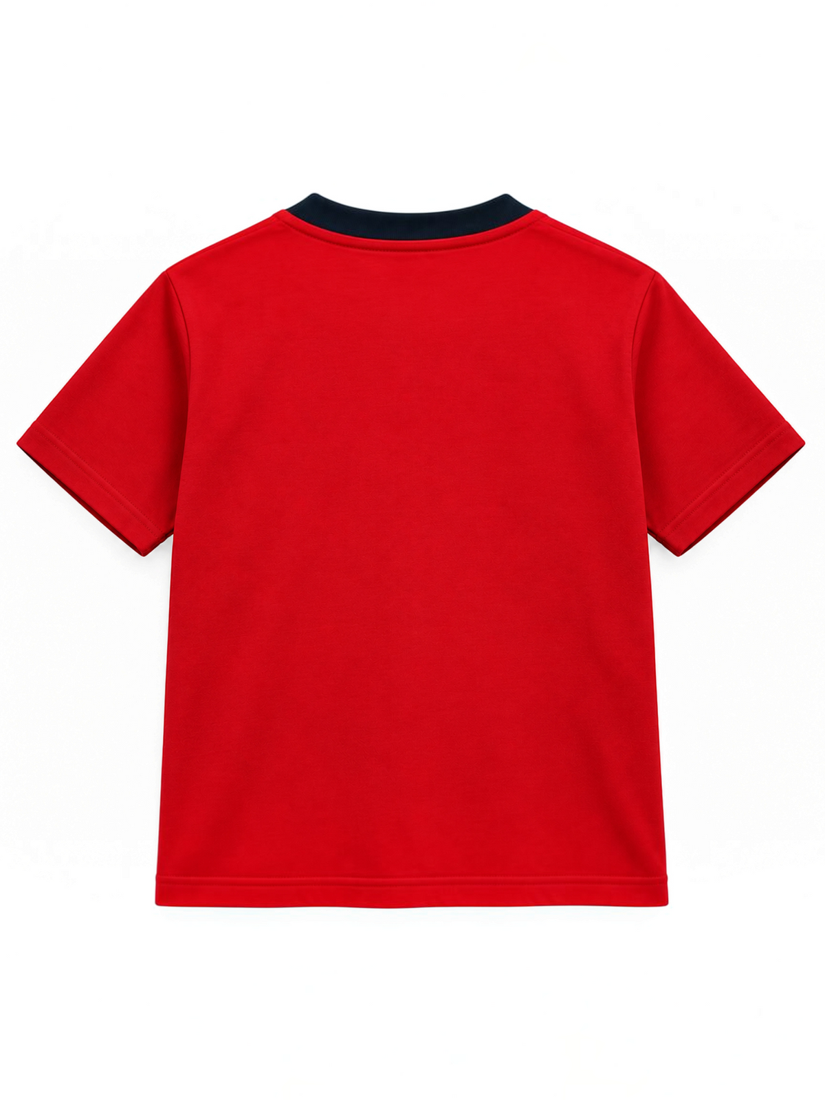 Kiddy Kloset kids red fitted T-shirt back view with navy ribbed neck