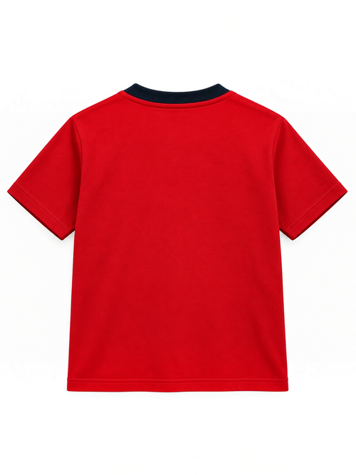 Kiddy Kloset kids red fitted T-shirt back view with navy ribbed neck