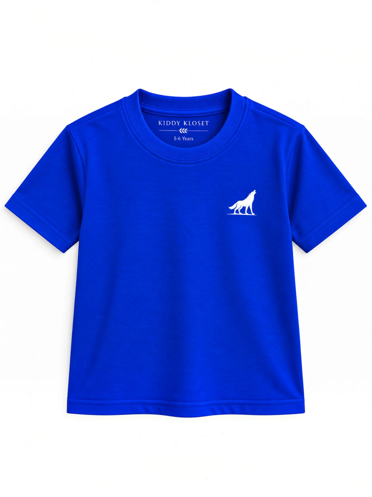 Kiddy Kloset kids royal blue fitted T-shirt front view with white wolf chest logo