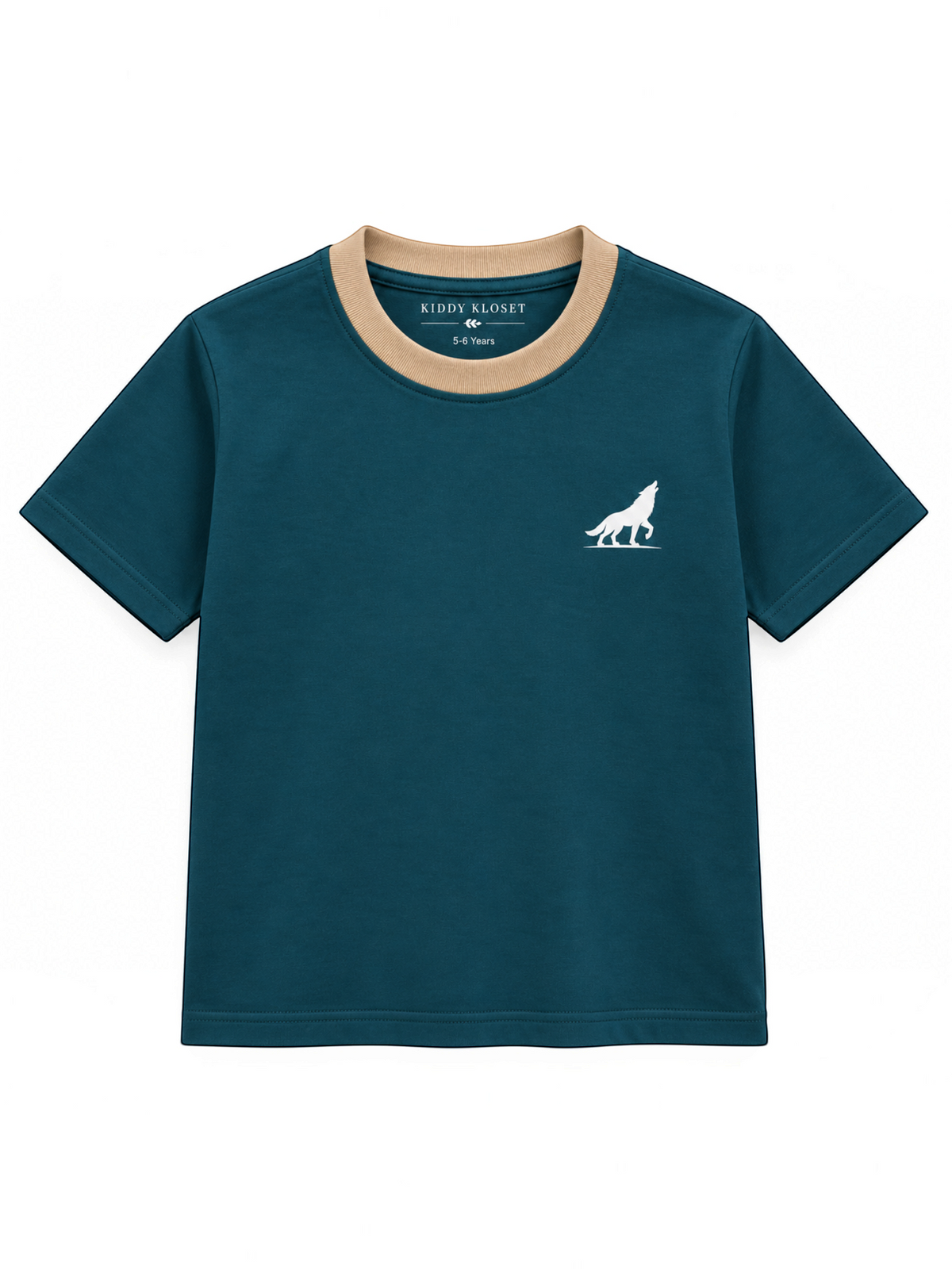 Kiddy Kloset kids teal fitted T-shirt front view with beige ribbed neck and white wolf logo