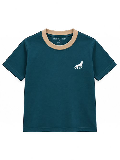 Kiddy Kloset kids teal fitted T-shirt front view with beige ribbed neck and white wolf logo
