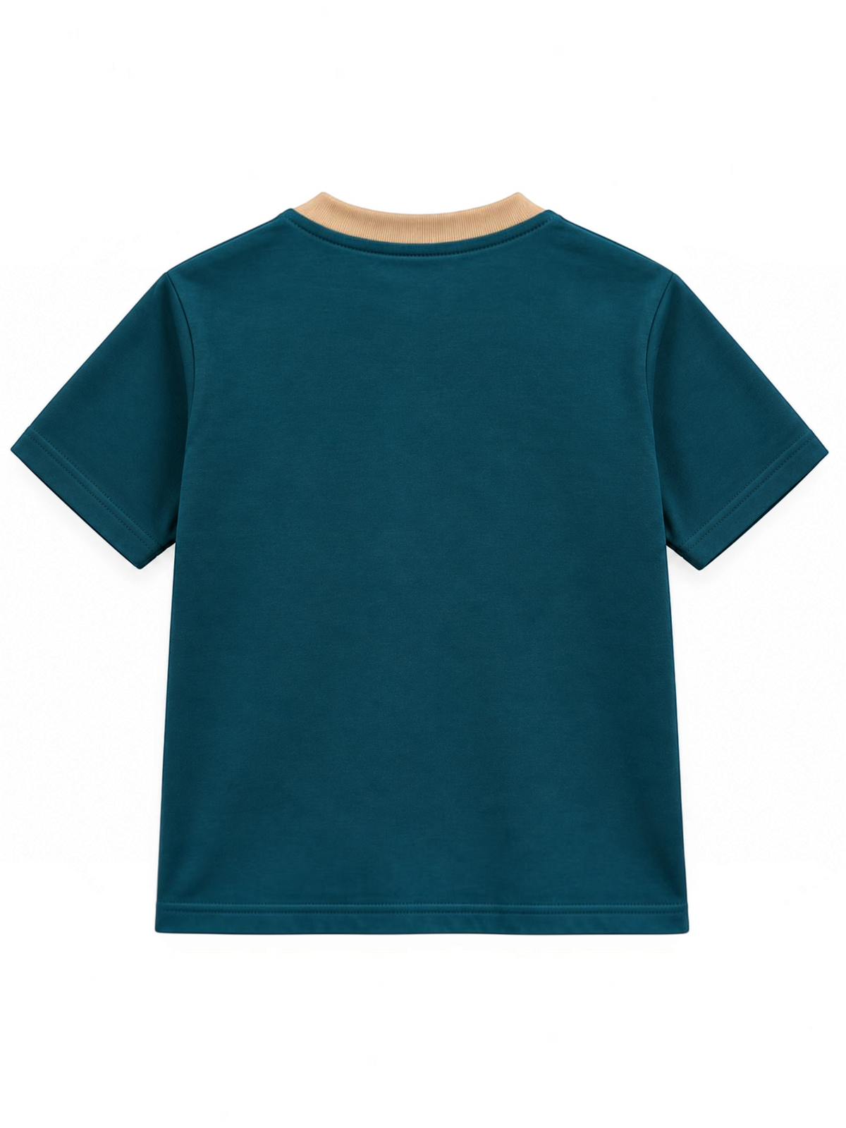 Kiddy Kloset kids teal fitted T-shirt back view with beige ribbed neck