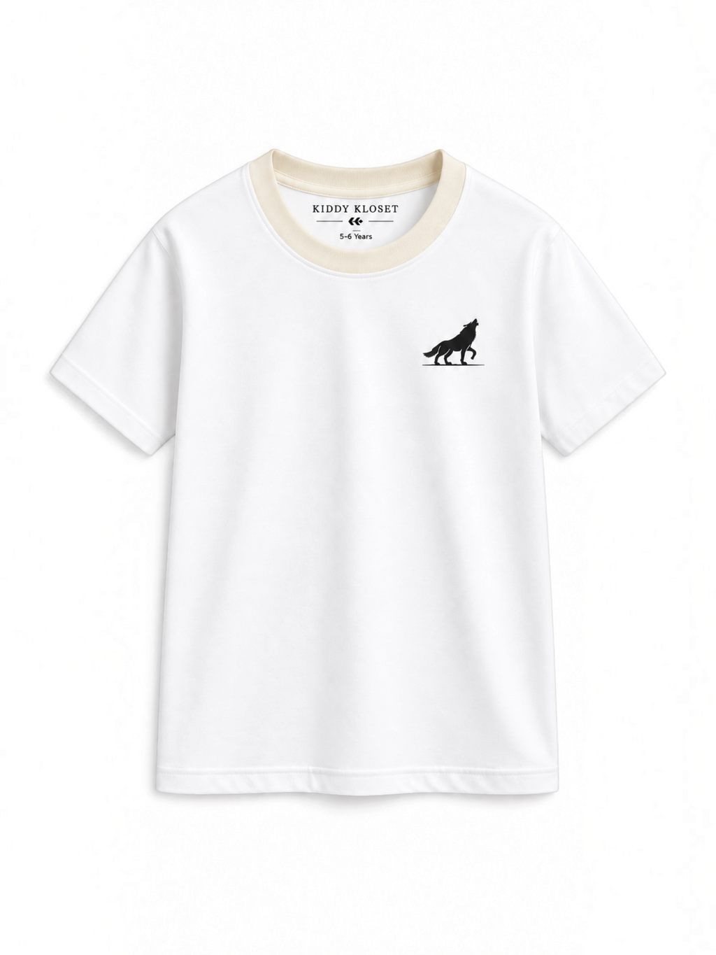 Kiddy Kloset kids white fitted T-shirt front view with cream ribbed neck and black wolf logo