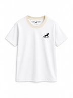 Kiddy Kloset kids white fitted T-shirt front view with cream ribbed neck and black wolf logo