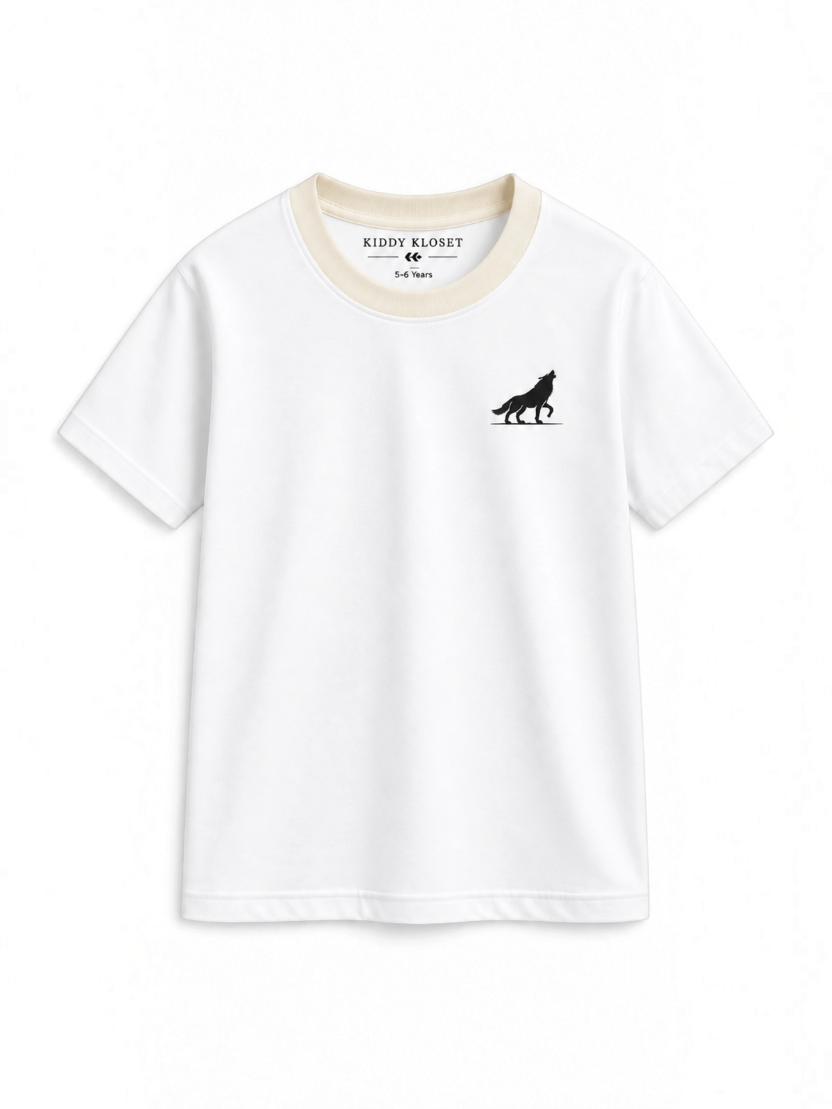 Kiddy Kloset kids white fitted T-shirt front view with cream ribbed neck and black wolf logo