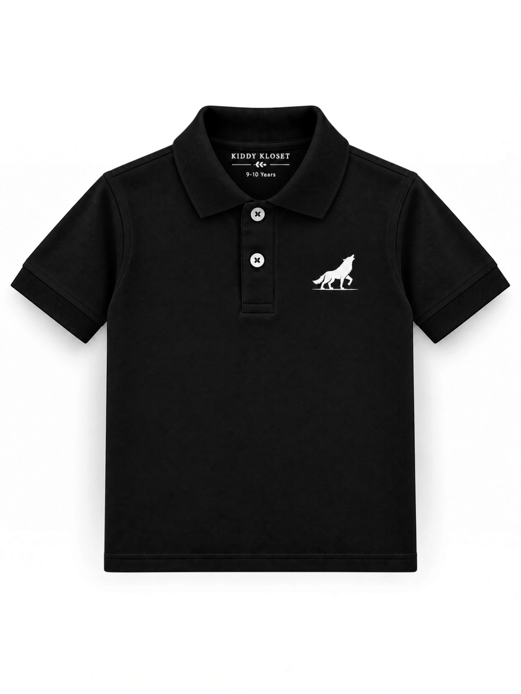 Kiddy Kloset kids black polo shirt front view with wolf chest logo