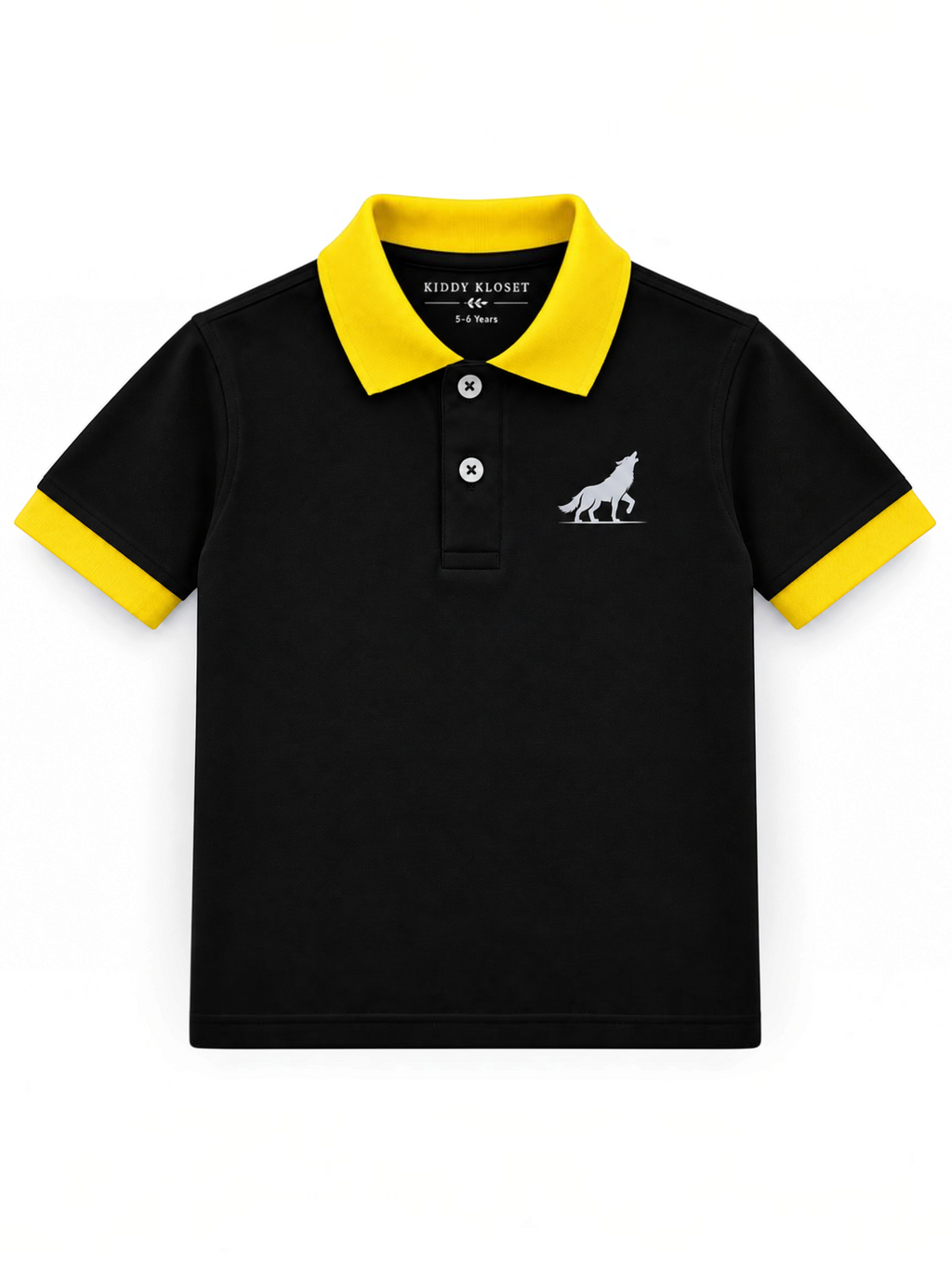 Kiddy Kloset kids black polo shirt front view with yellow collar, cuffs and wolf chest logo