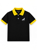 Kiddy Kloset kids black polo shirt front view with yellow collar, cuffs and wolf chest logo