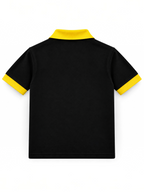 Kiddy Kloset kids black polo shirt back view with yellow collar and cuffs