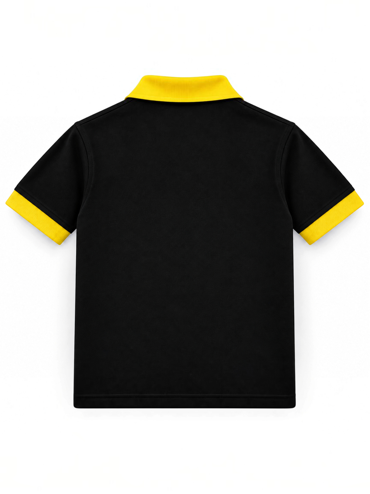 Kiddy Kloset kids black polo shirt back view with yellow collar and cuffs
