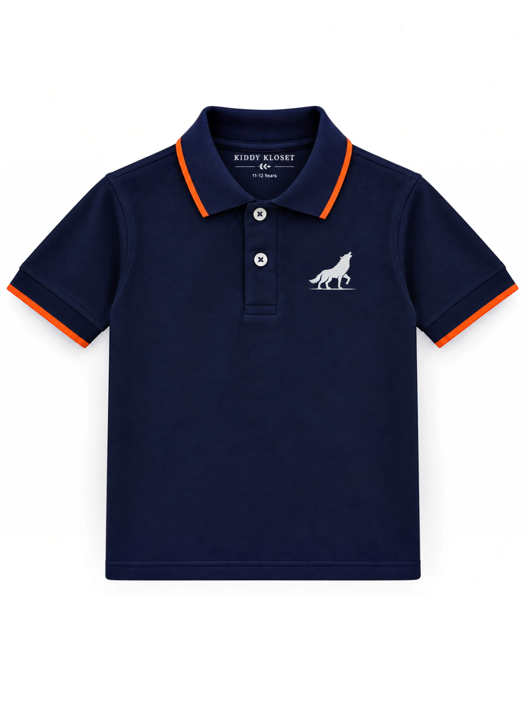Kiddy Kloset kids navy polo shirt front view with orange tipped collar, cuffs and wolf chest logo