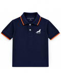 Kiddy Kloset kids navy polo shirt front view with orange tipped collar, cuffs and wolf chest logo