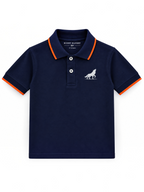 Kiddy Kloset kids navy polo shirt front view with orange tipped collar, cuffs and wolf chest logo